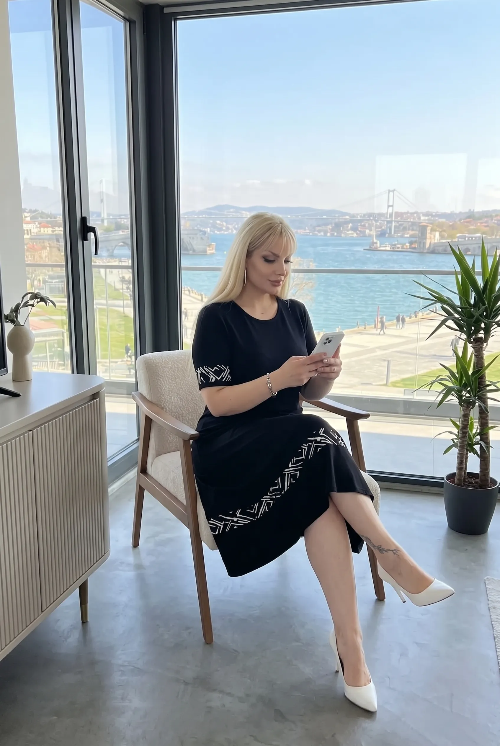 Çizgi Desen Şeritli Siyah Büyük Beden Midi Elbise