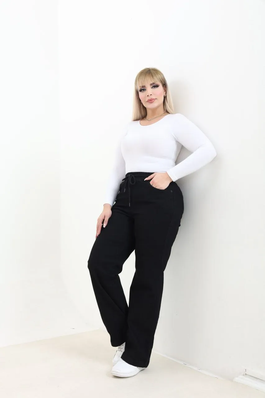 Lycra Denim Beli Lastikli Bağcıklı Geniş Paça Jean - 1