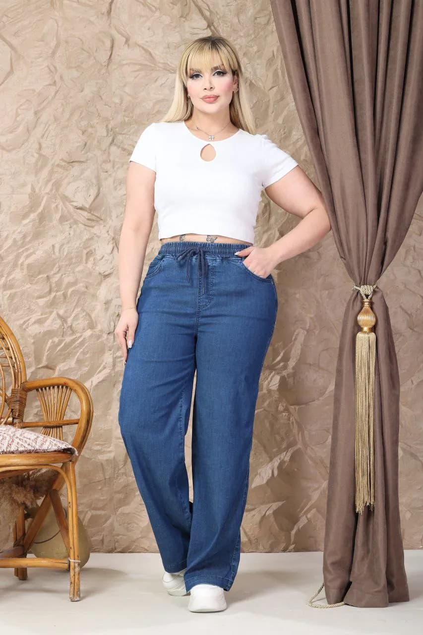 Lycra Denim Beli Lastikli Bağcıklı Geniş Paça Jean - 1