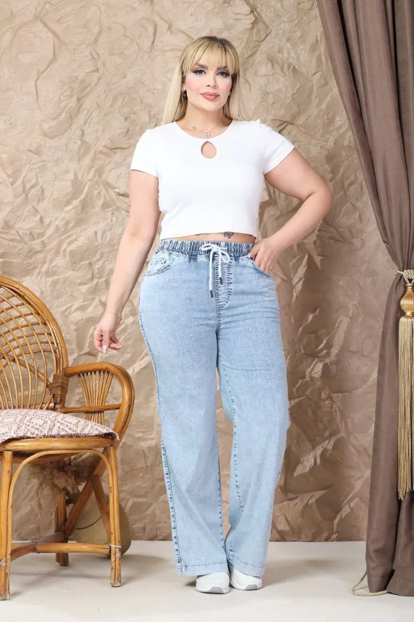 Lycra Denim Beli Lastikli Bağcıklı Geniş Paça Jean - 1