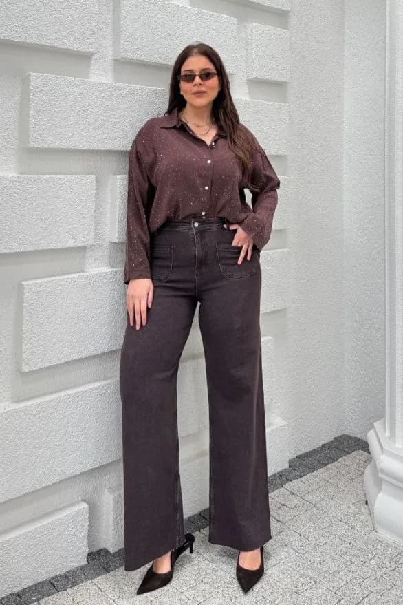 Lycra Denim Yüksek Bel Ön Cepli Geniş Paça Jean - 1