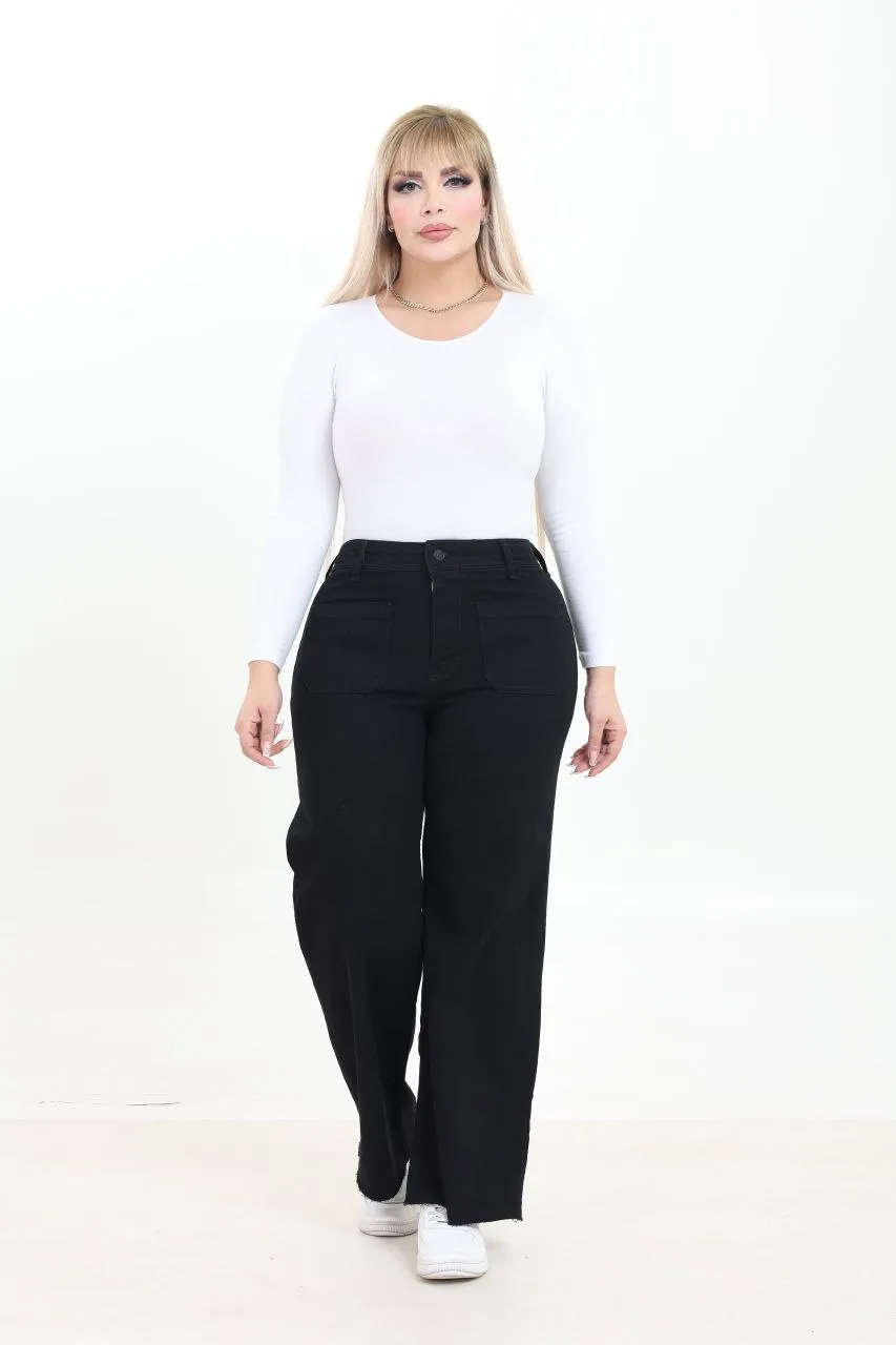 Lycra Denim Yüksek Bel Ön Cepli Geniş Paça Jean - 1