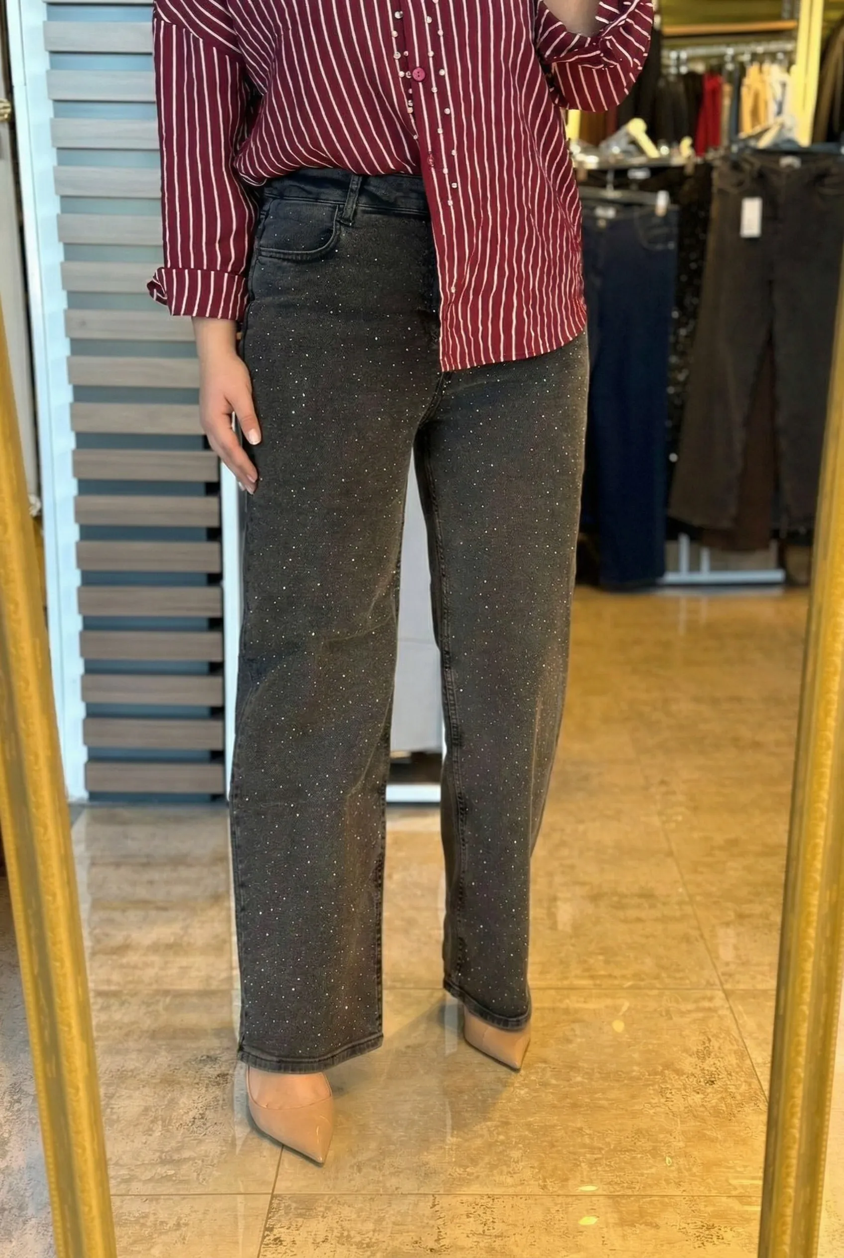 Lycra Denim Yüksek Bel Taş Detaylı Jean - Antrasit - 1