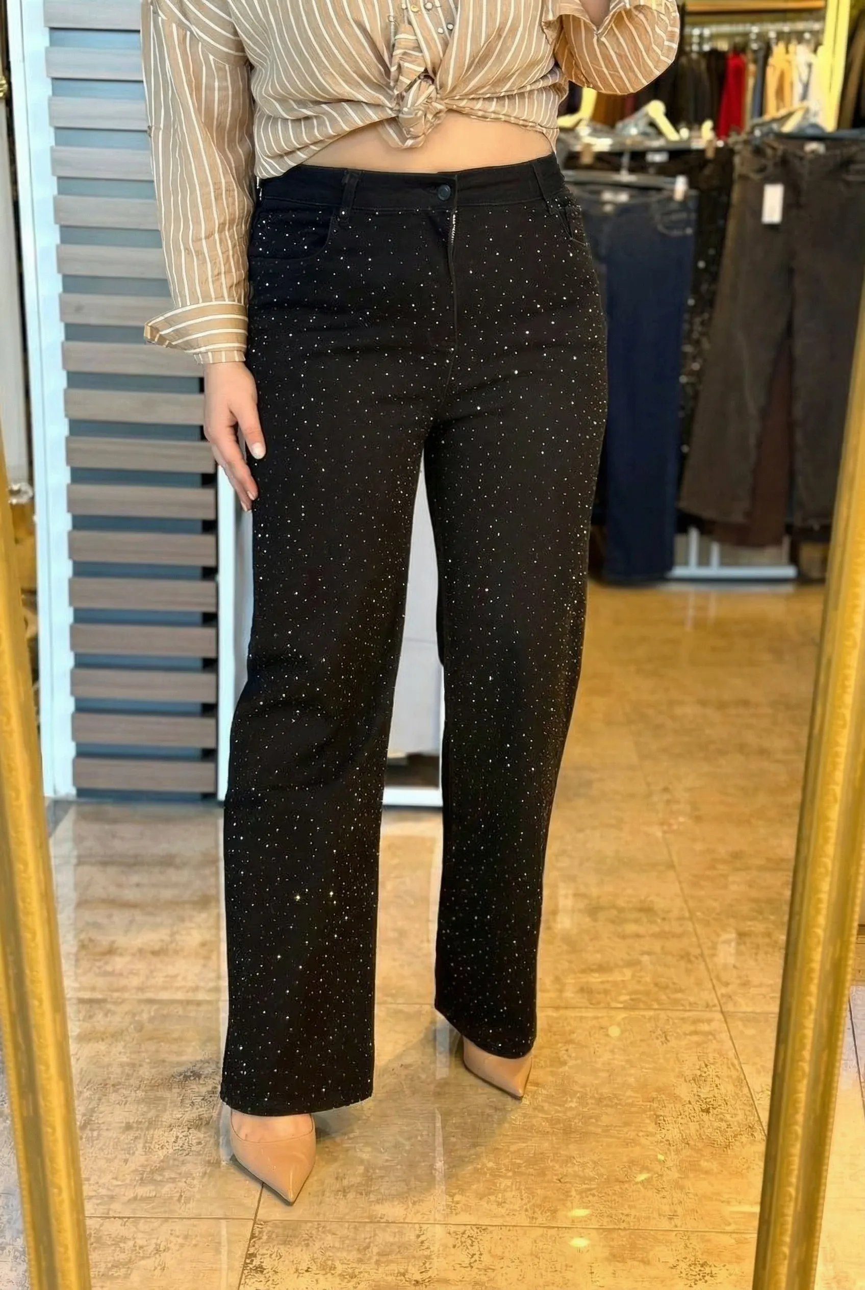 Lycra Denim Yüksek Bel Taş Detaylı Jean - Siyah - 1