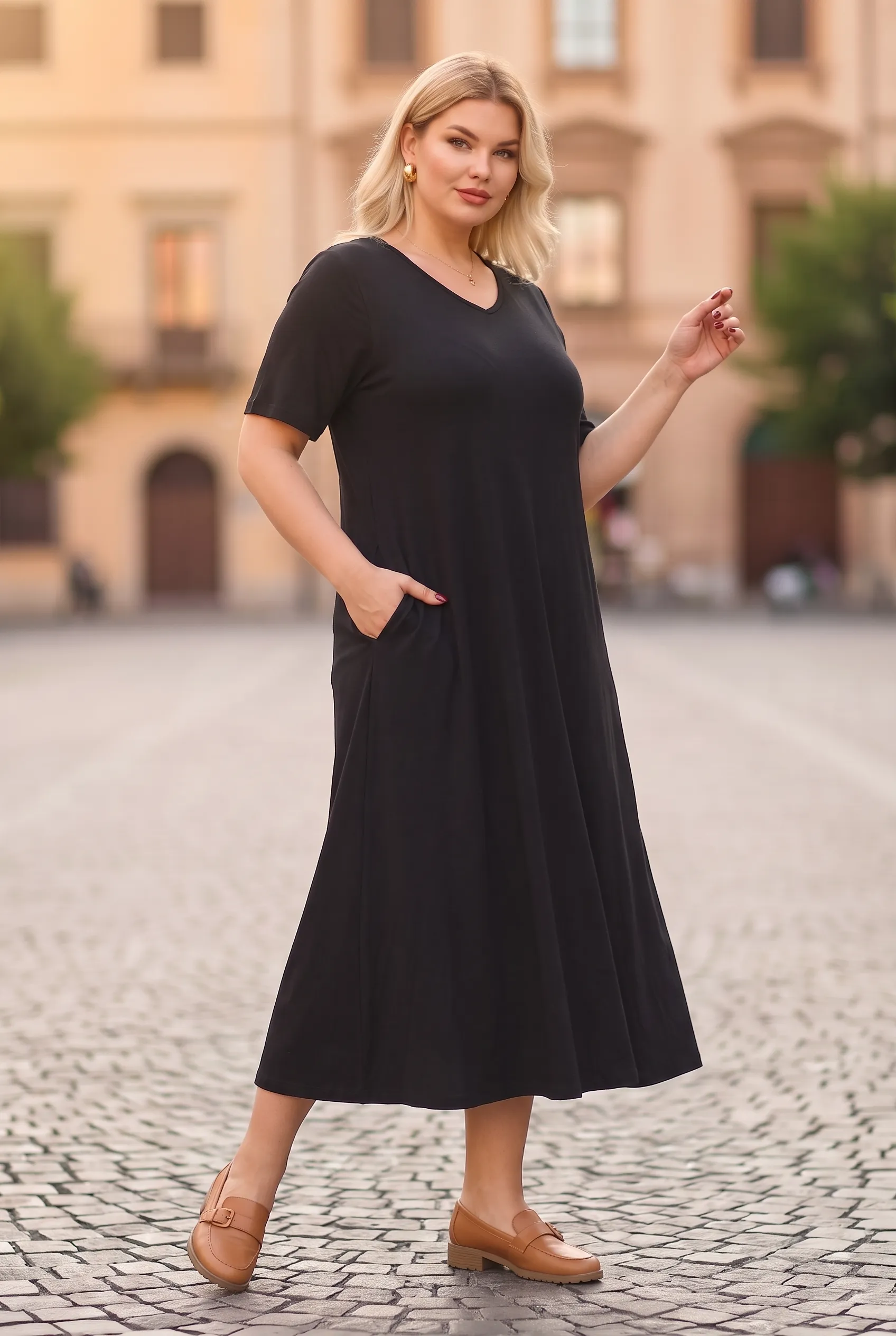 V Yaka Tiril Tiril Viskon Midi Elbise Siyah