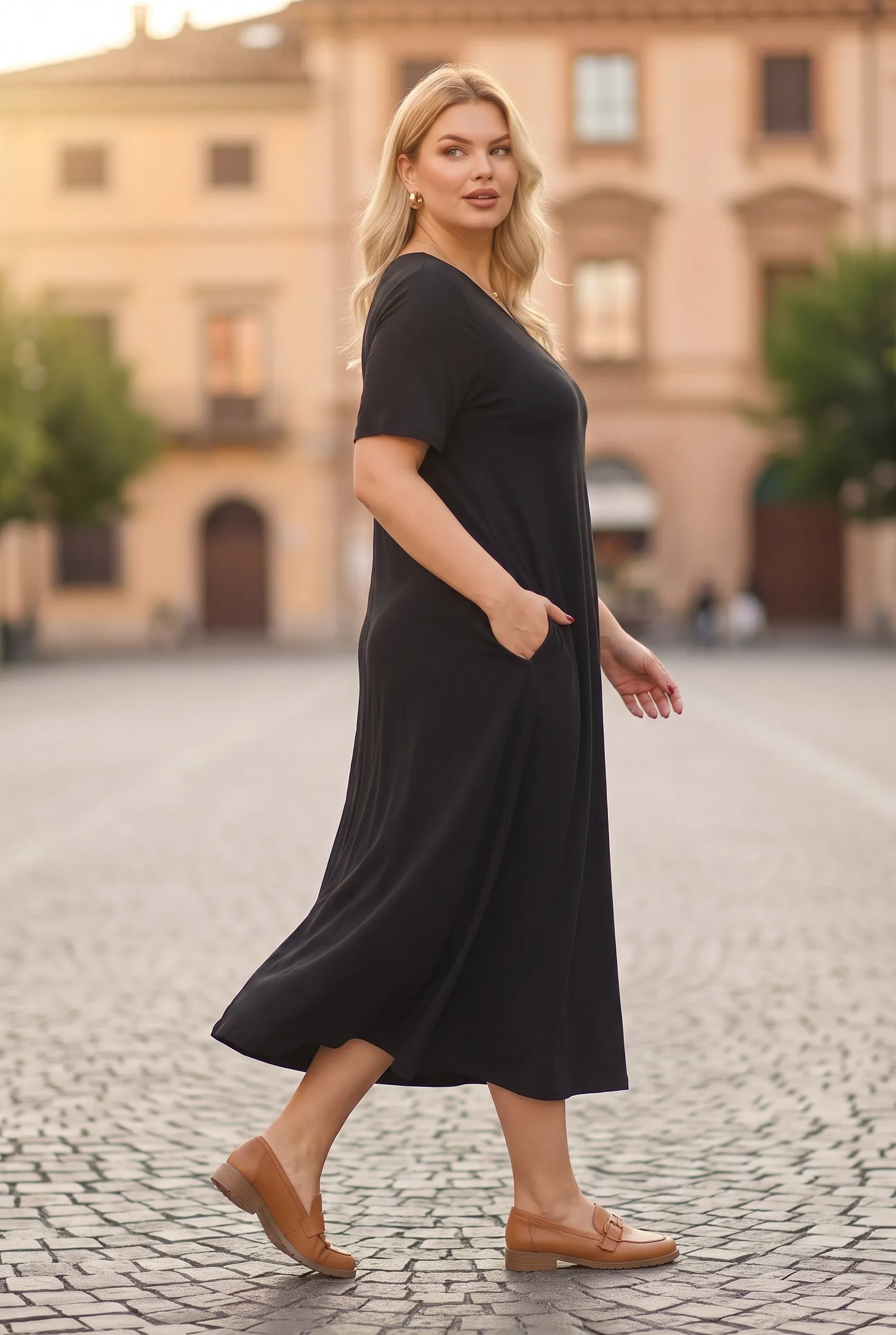 V Yaka Tiril Tiril Viskon Midi Elbise Siyah